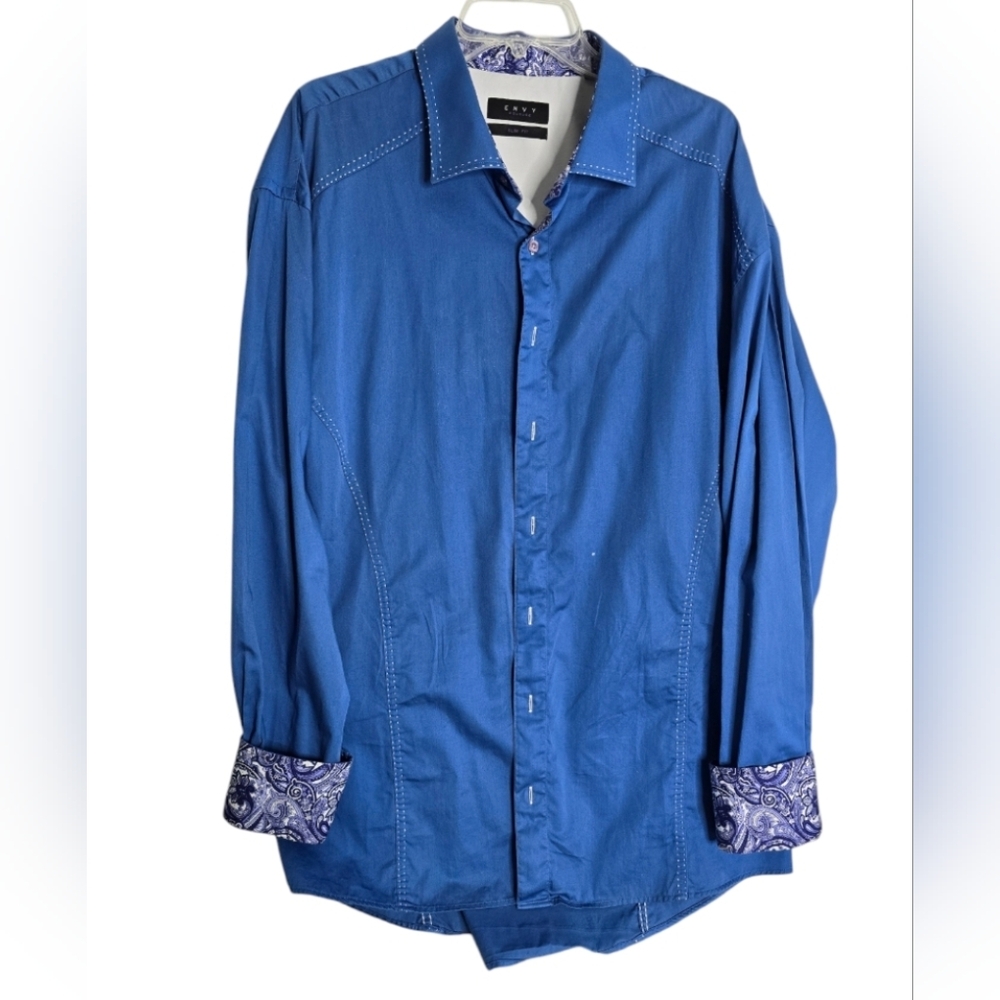Envy Couture blue slim fit Button-Up Shirt  5XL with Paisley Cuffs *